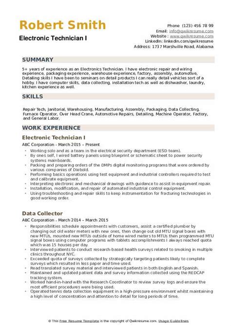 electronic technician resume sample pdf